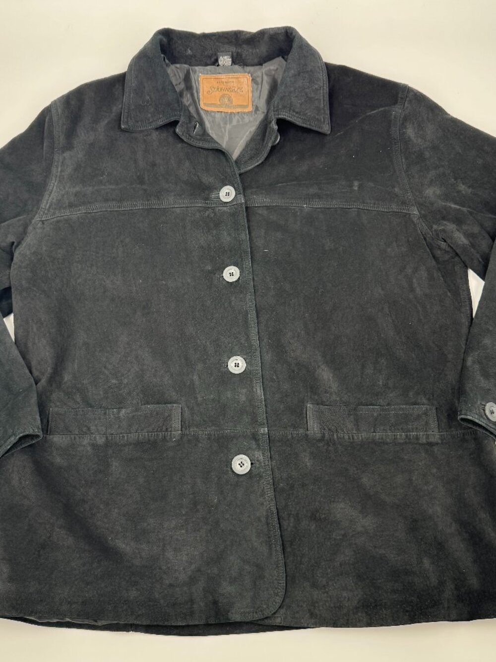 St John's Bay Suede Leather Jacket Womens XL Black Button Front Chore Coat